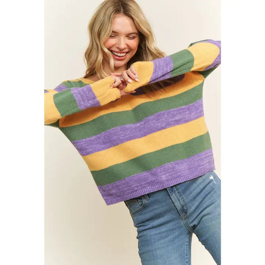 Mardi Gras Colorful Stripe Relaxed Fit Pullover Top