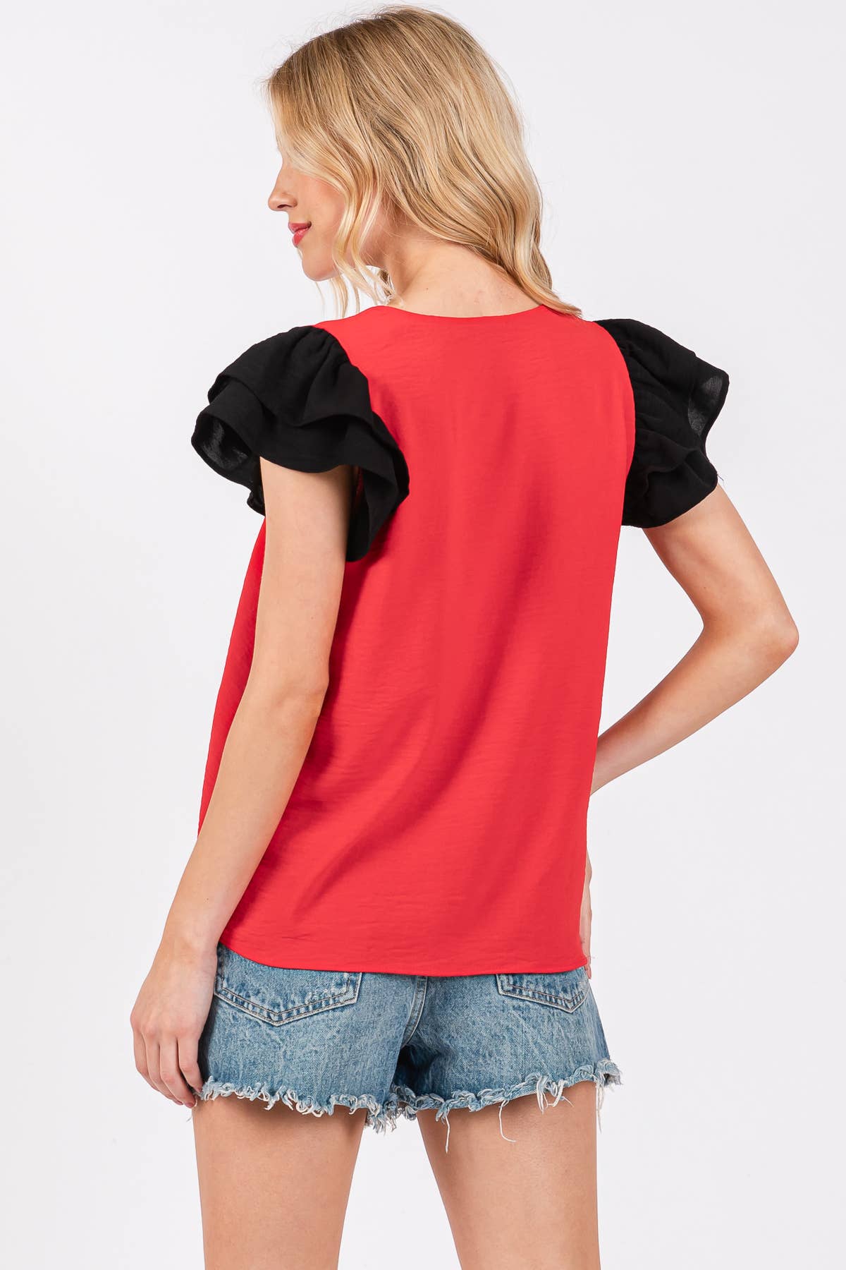 Game Day Contrast V-neck Flutter Sleeve Top- Purple/ Yellow