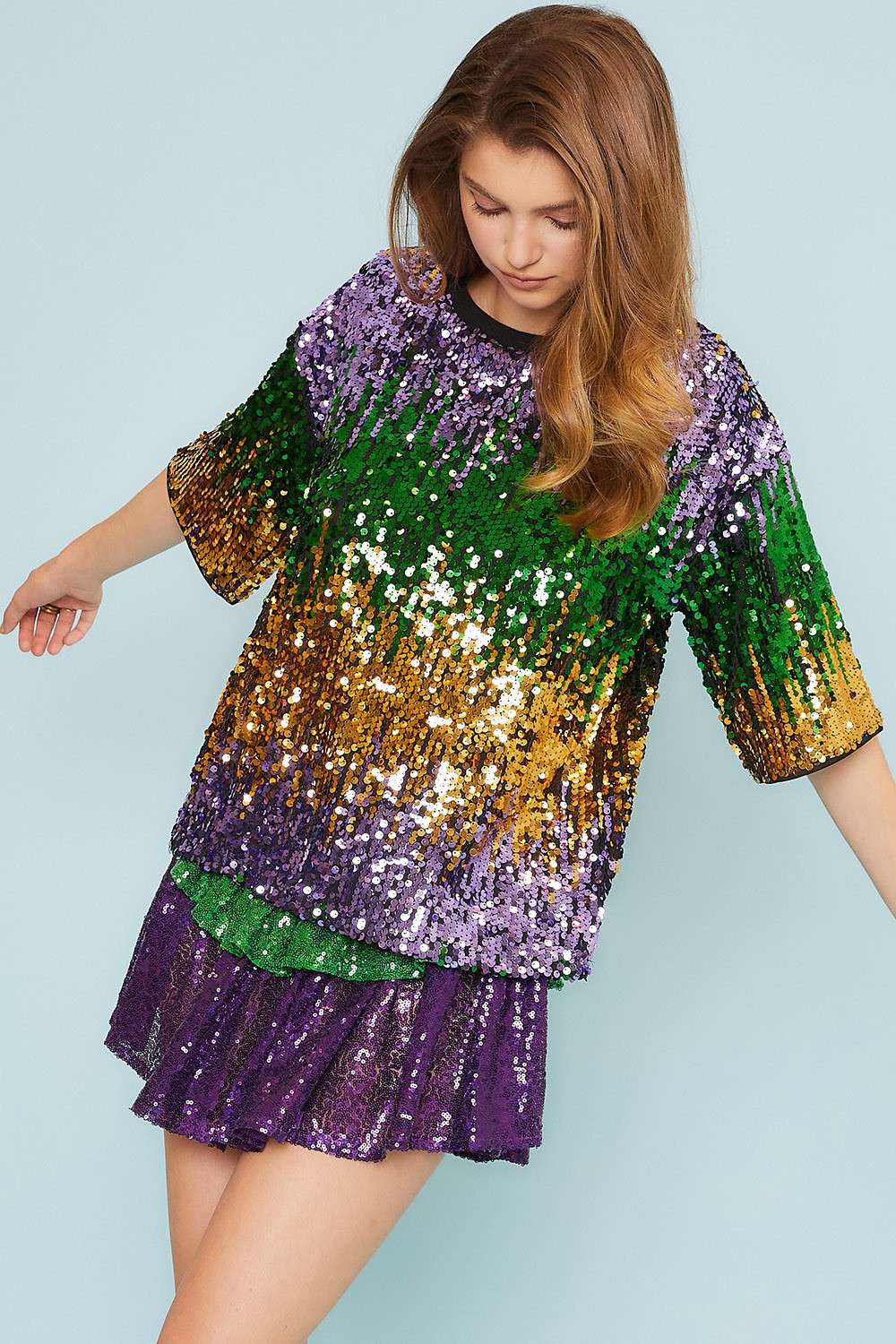 Mardi Gras Color Block Sequin Round Neck Top