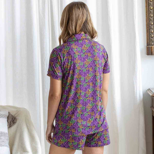 St. Charles Fleur de Lis Sleep Shorts   Purple/Yellow/Green