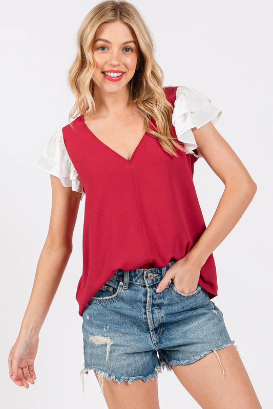 Game Day Contrast V-neck Flutter Sleeve Top- Crimson/ White