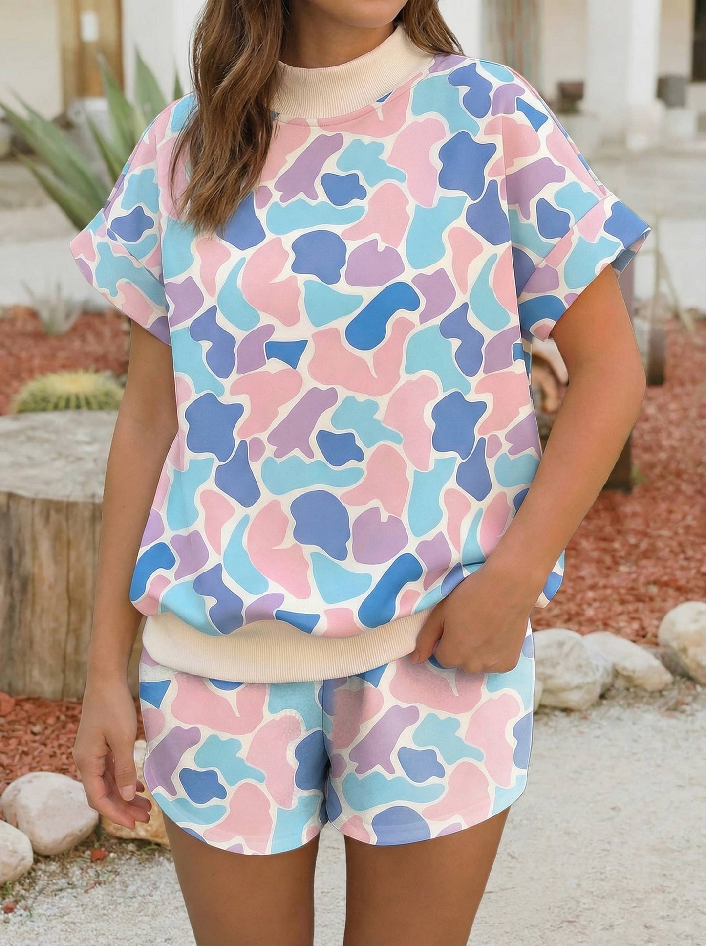 Camouflage Abstract Patchwork High Neck Set