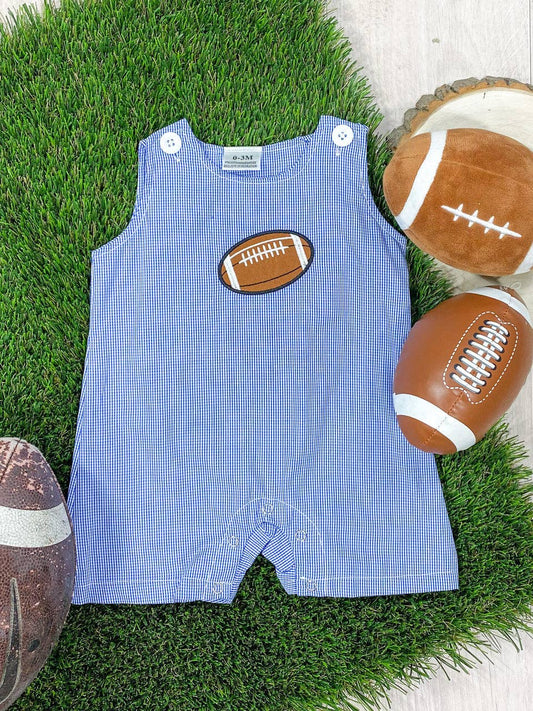 Royal Blue Classic Gingham Football Boy Romper