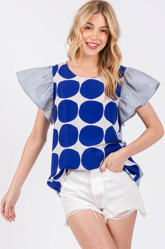 Contrast Polka Dot Blouse Top- Blue/ Royal Blue