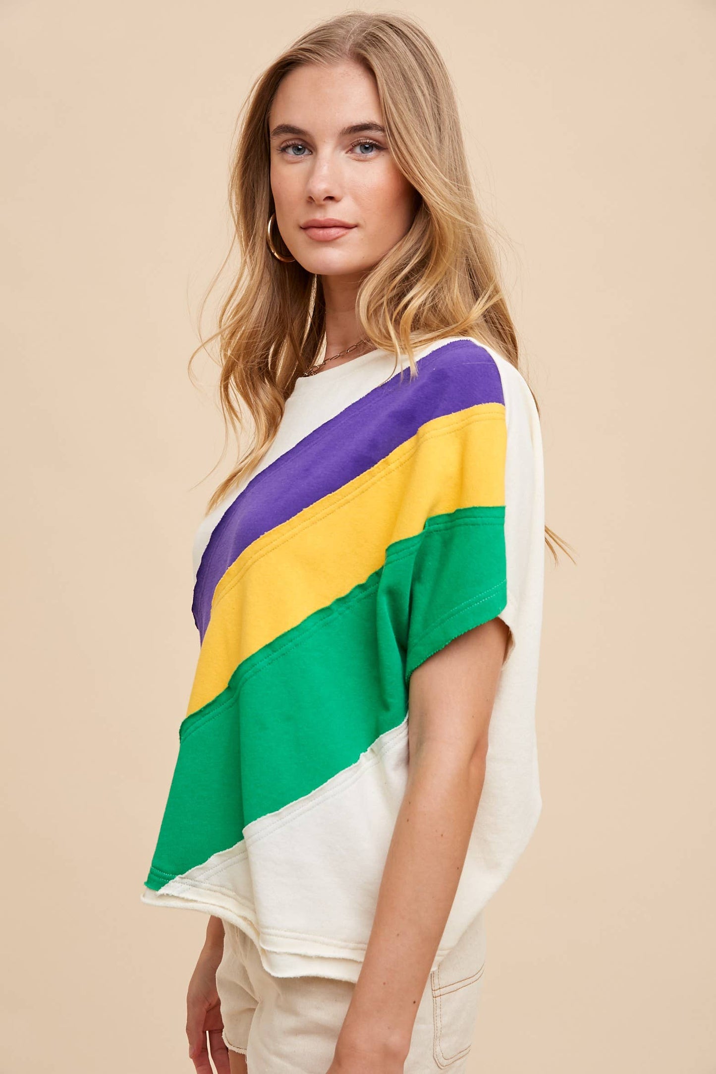 Mardi Gras Asymmetrical Color Block Pullover- Cream Combo