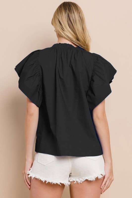 Football Sequin Patch Solid Poplin Blouse- Black