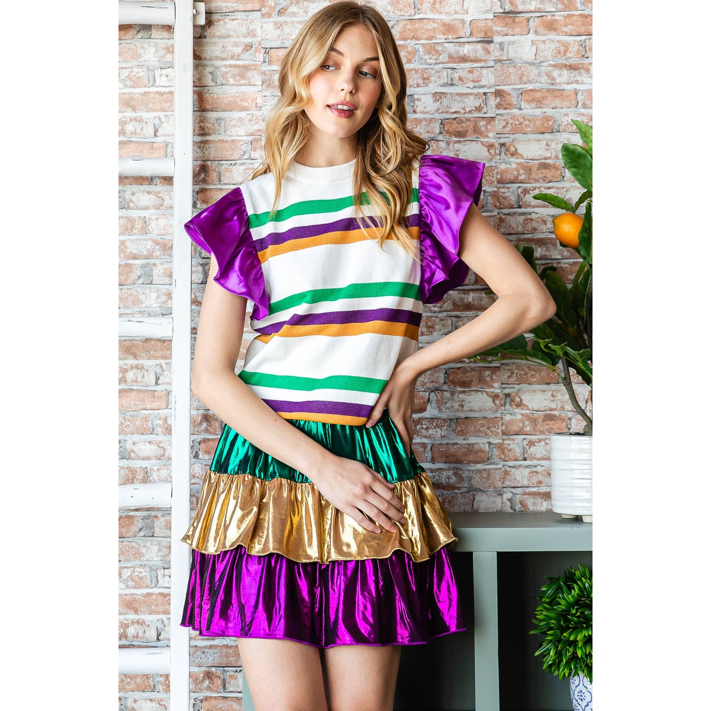 Mardi Gras Stripe Flutter Sleeve Sweater- White