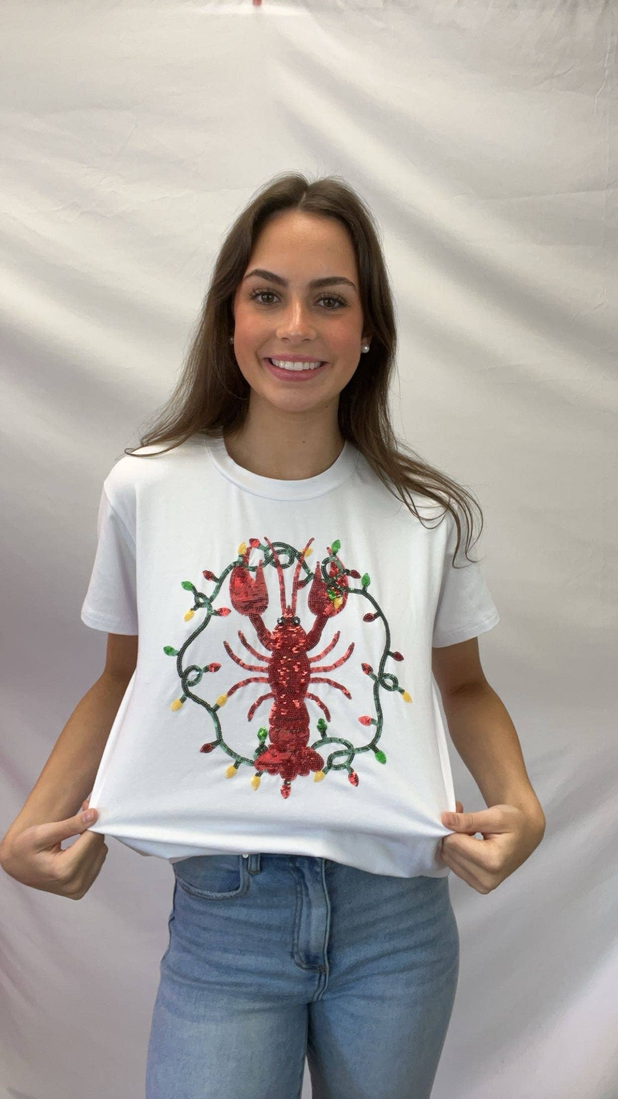 Christmas Crawfish Women's Sequin Design Tee- White