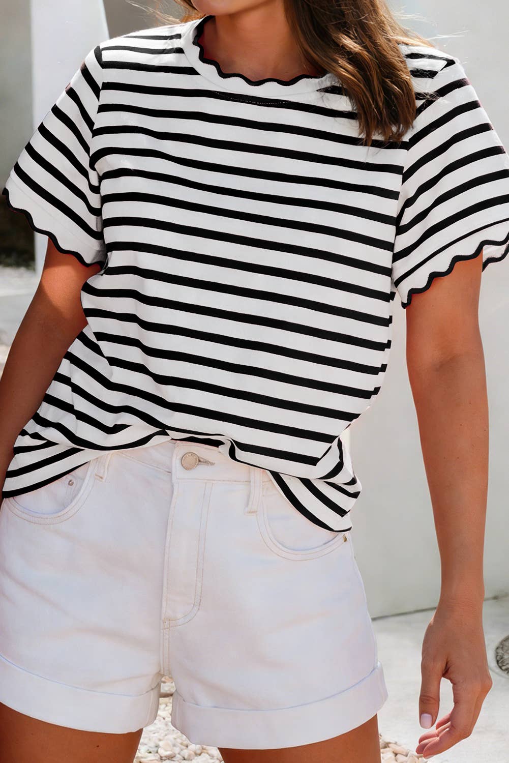 Scalloped Trim Round Neck Stripe Tee
