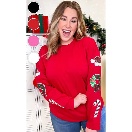 Christmas Sparkle Sleeve Boyfriend Long Sleeve T-Shirt- Red