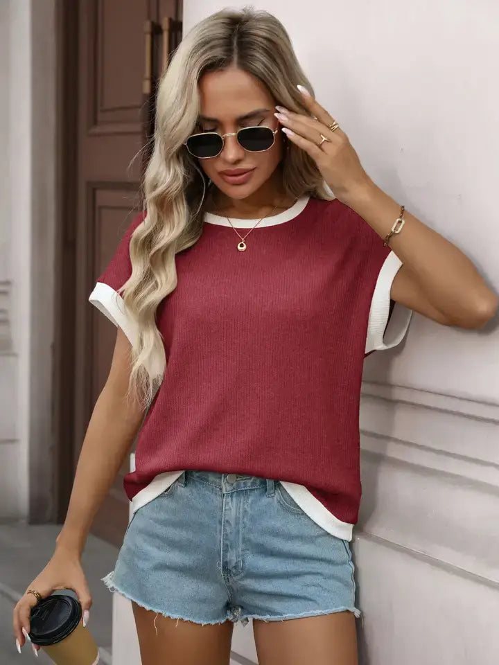 Contrast Trim Ribbed Short Sleeve