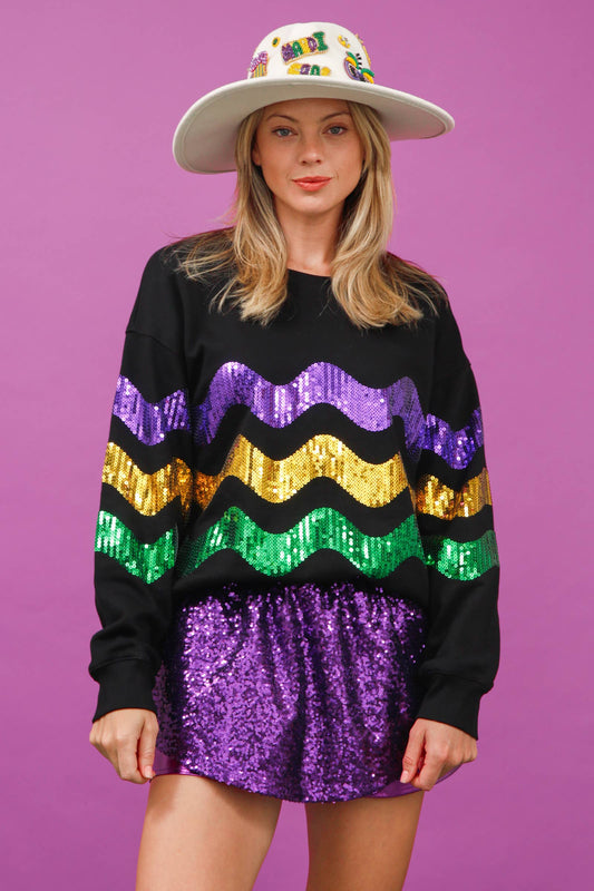 Mardi Gras Sequin Wave Pullover - Black