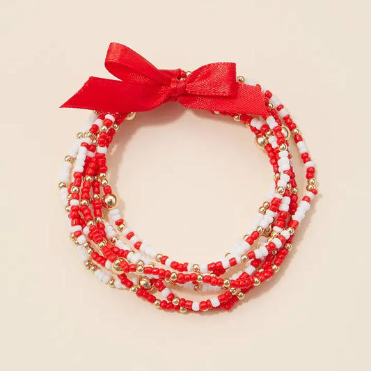 Game Day Seed Beaded Bracelet Set- Red/ White