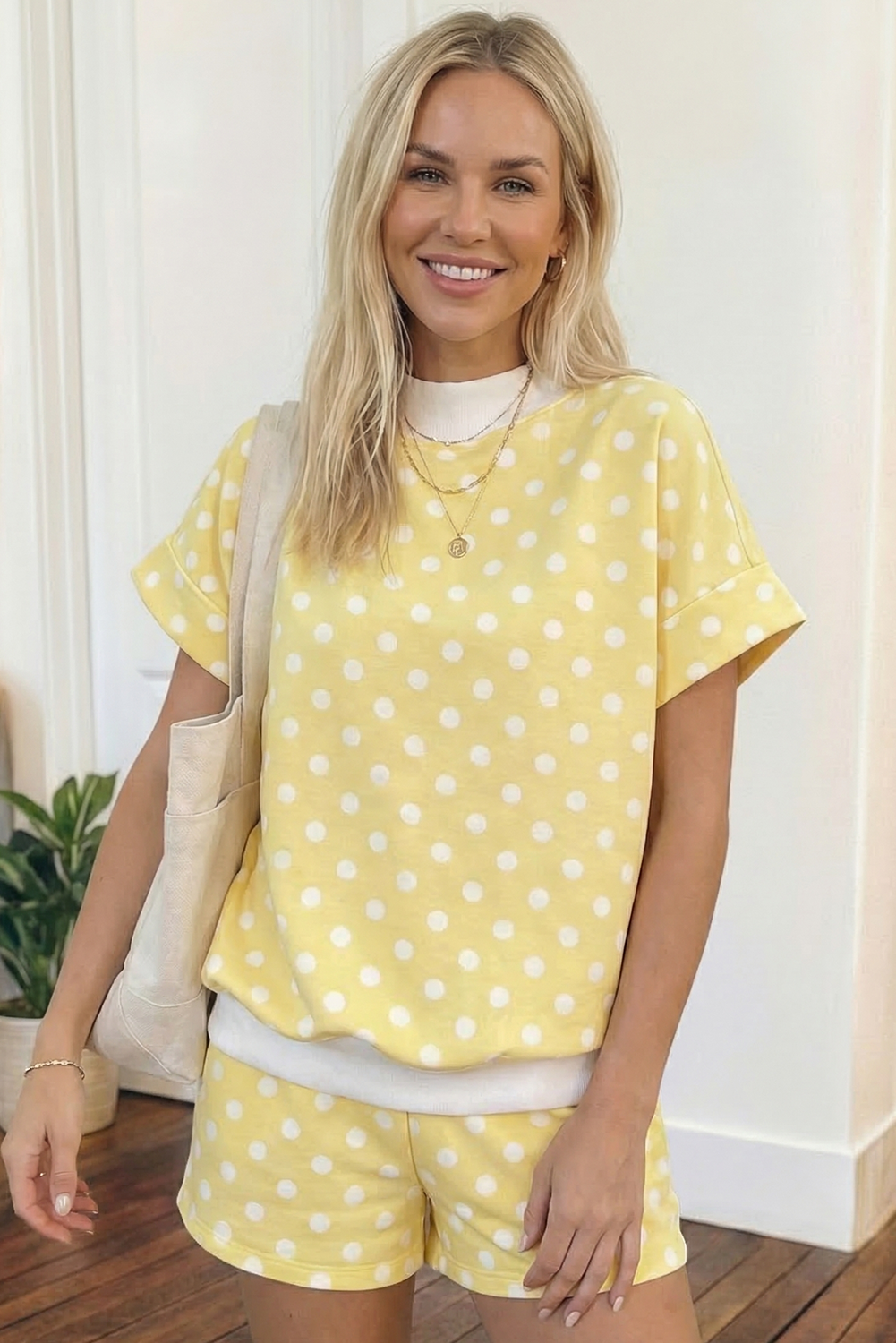Polka Dot Mock Neck Sweatshirt and Shorts Set
