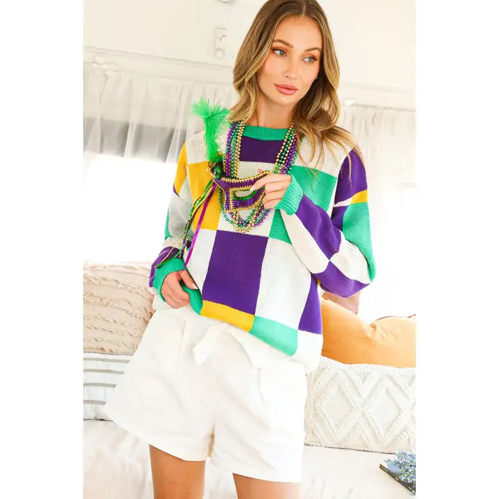 Mardi Gras Block Sweater Checkered Top