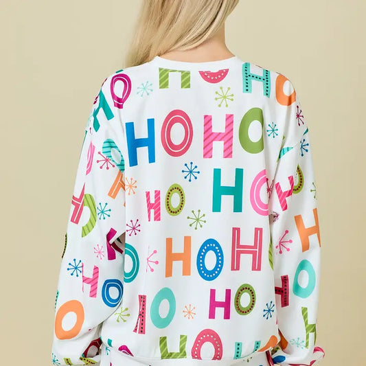 Holiday Printed Crewneck with Rhinestone- White