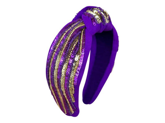 Game Day Headband Knot - Purple with Gold Sequin Stripe