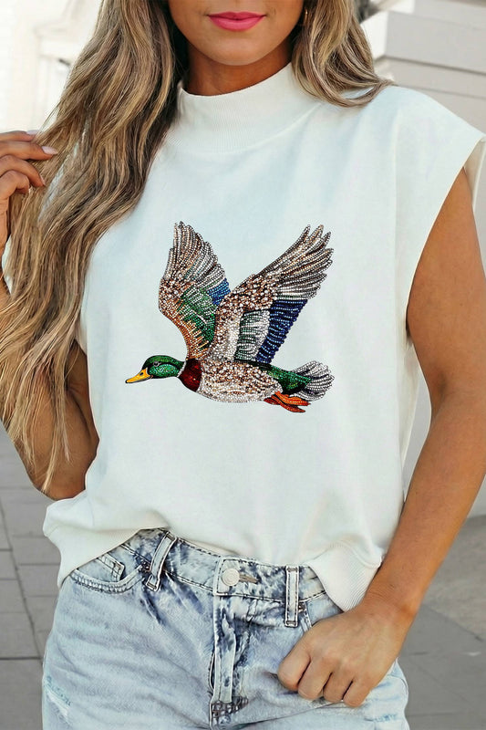 Faux Quilted Mallard Duck Mock Neck Short Sleeve Top
