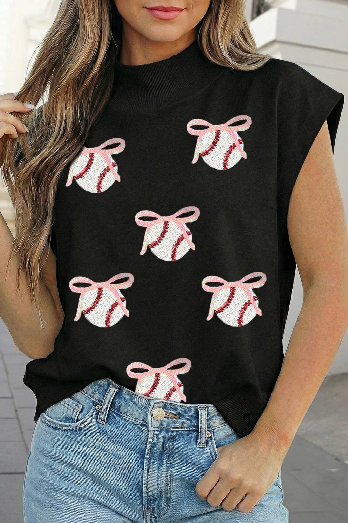 Game Day Sequin Bow Baseball Mock Neck Top