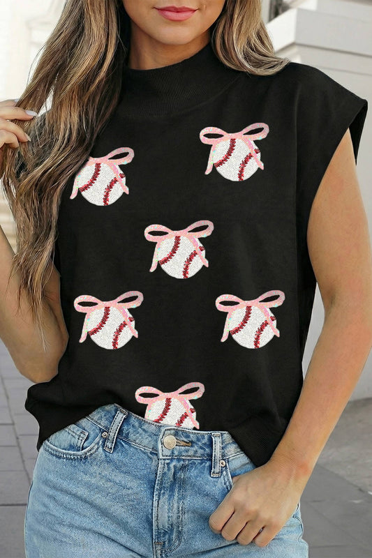 Game Day Sequin Bow Baseball Mock Neck Top