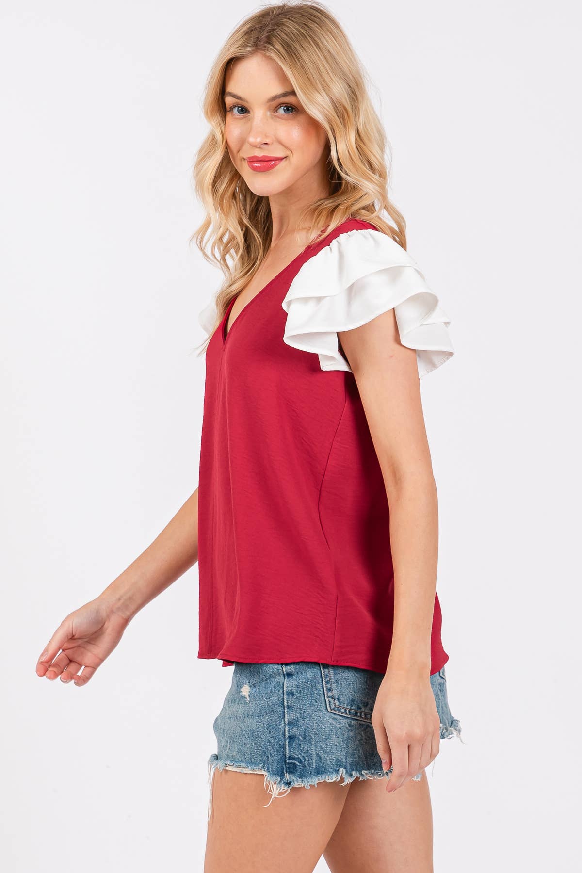 Game Day Contrast V-neck Flutter Sleeve Top- Crimson/ White