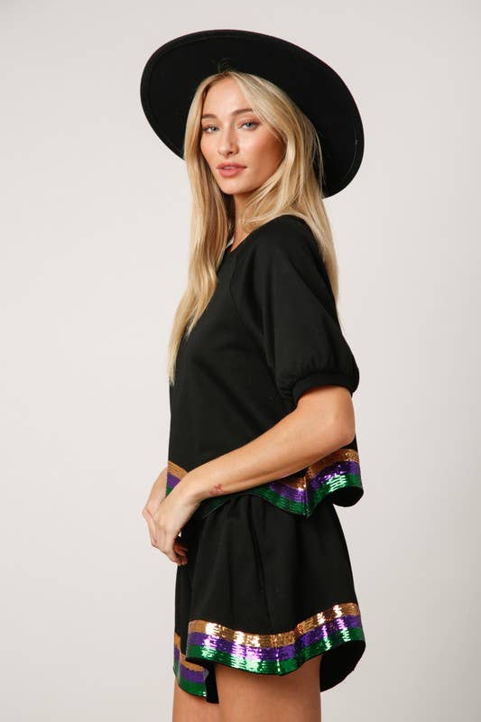 Sequins Stripe Puff Sleeve Crop Top- White/ Green Multi