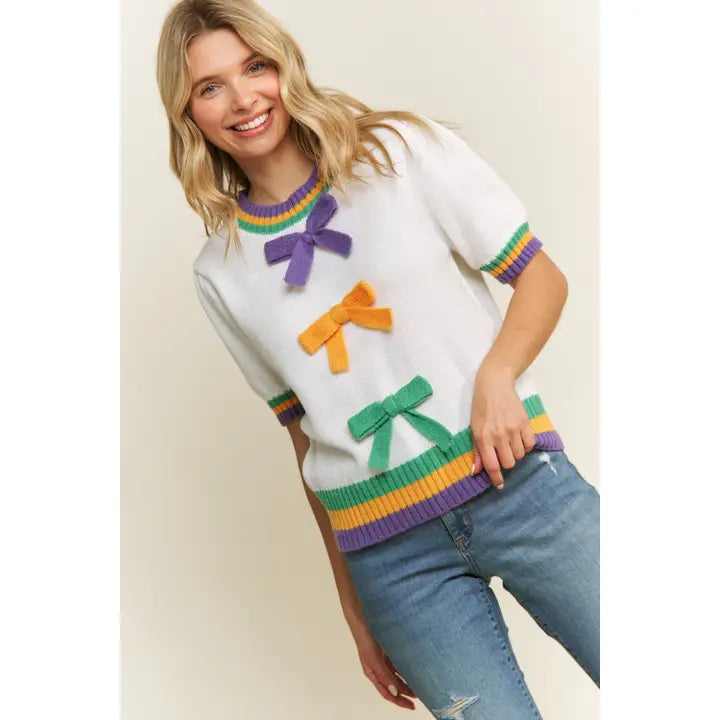 Mardi Gras Bow Detail Puff Sleeve Pullover Top- White