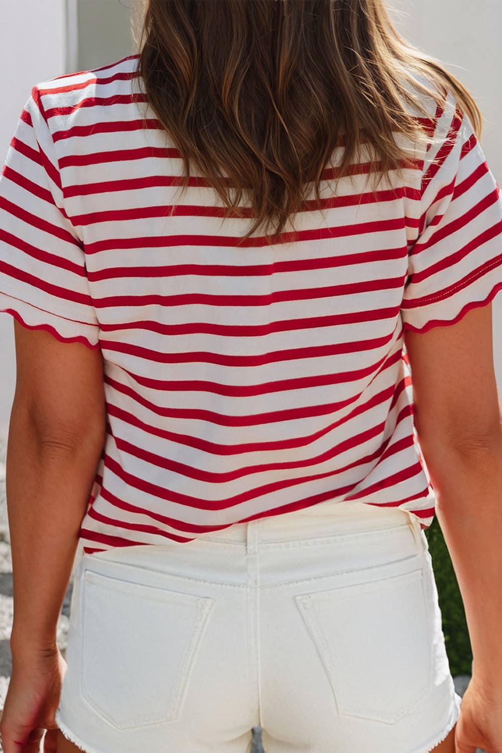 Scalloped Trim Round Neck Stripe Tee