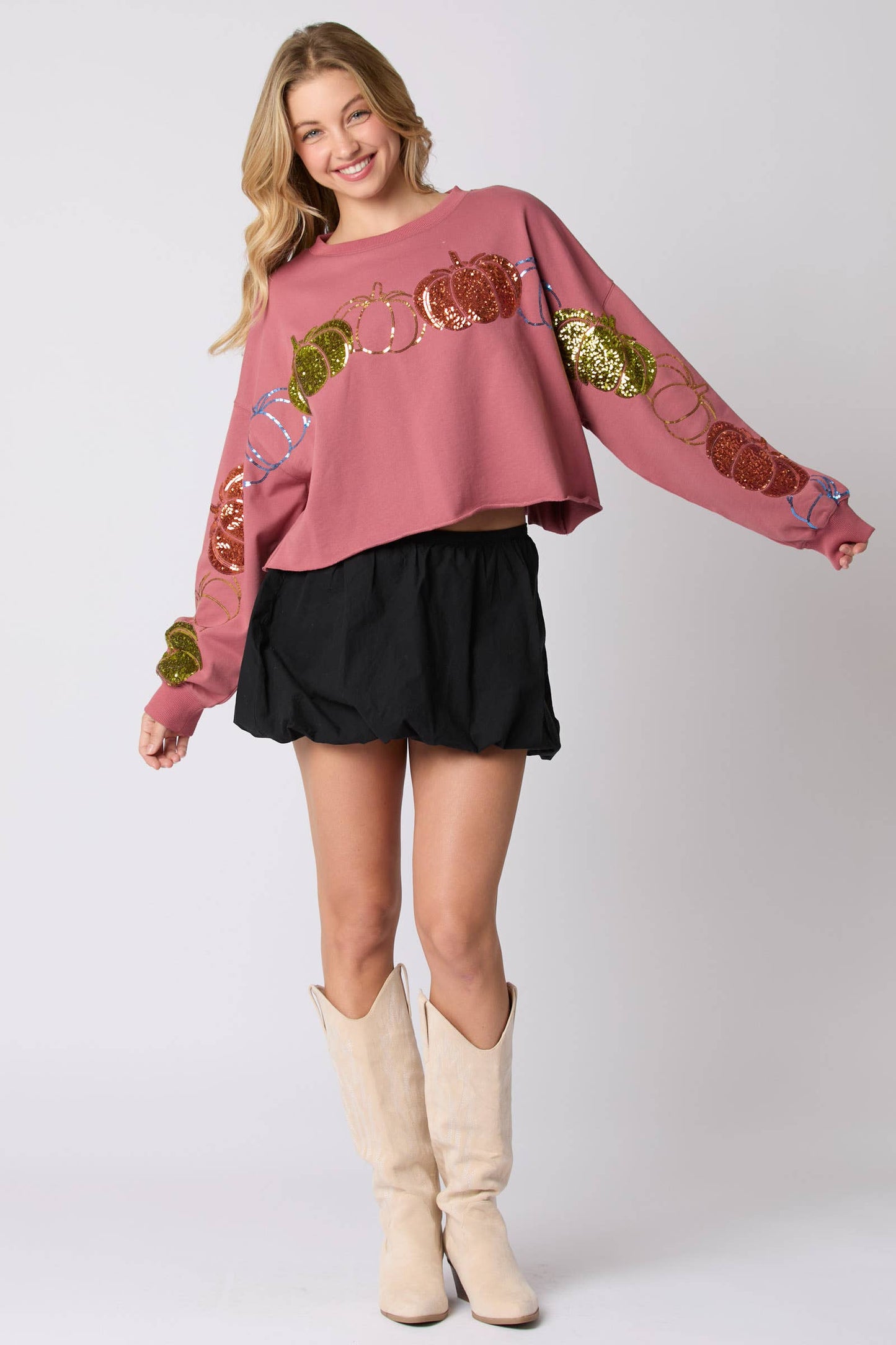 Thanksgiving Pumpkin Sequins Embroidery Sweatshirt- Cream