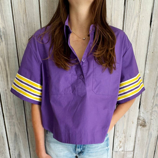 Stripe Sleeve Poplin- Purple & Yellow