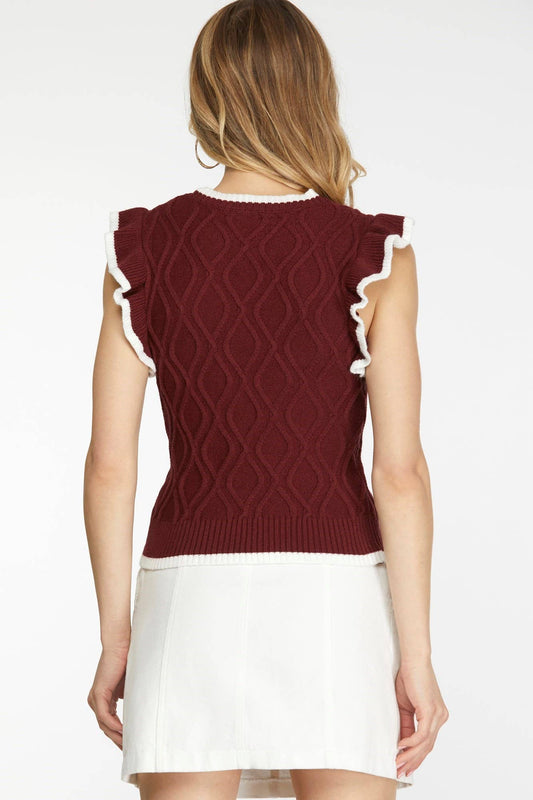 Game Day Ruffle Sleeve Cable Sweater Top- Garnet