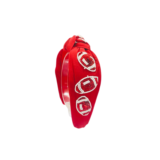 Game Day Football Headband Knot Sequin - Red and White