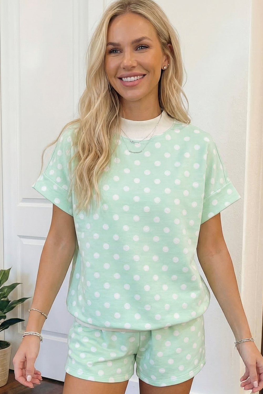 Polka Dot Mock Neck Sweatshirt and Shorts Set
