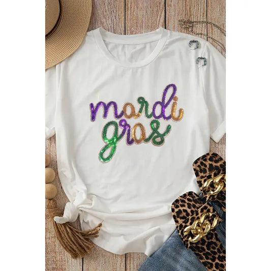 Mardi Gras Sequin Letter Print Tee- White