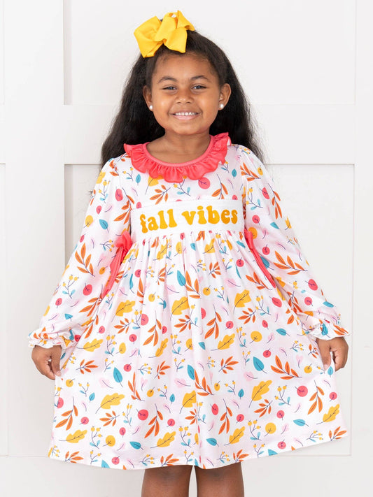 Fall Vibes Smocked Ruffle Leaves Dress