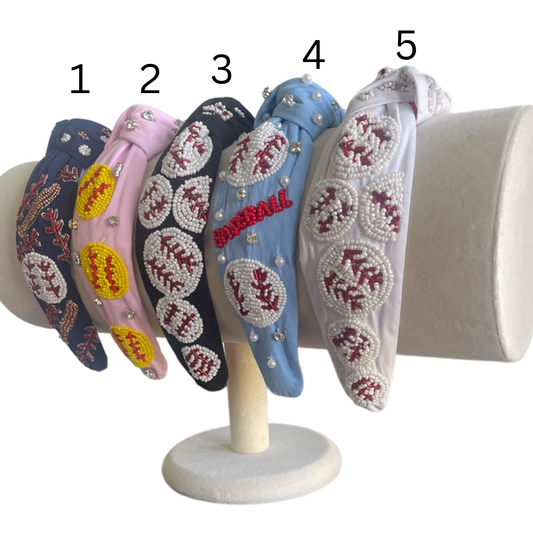 Baseball in Red Seed Bead Headband- Blue