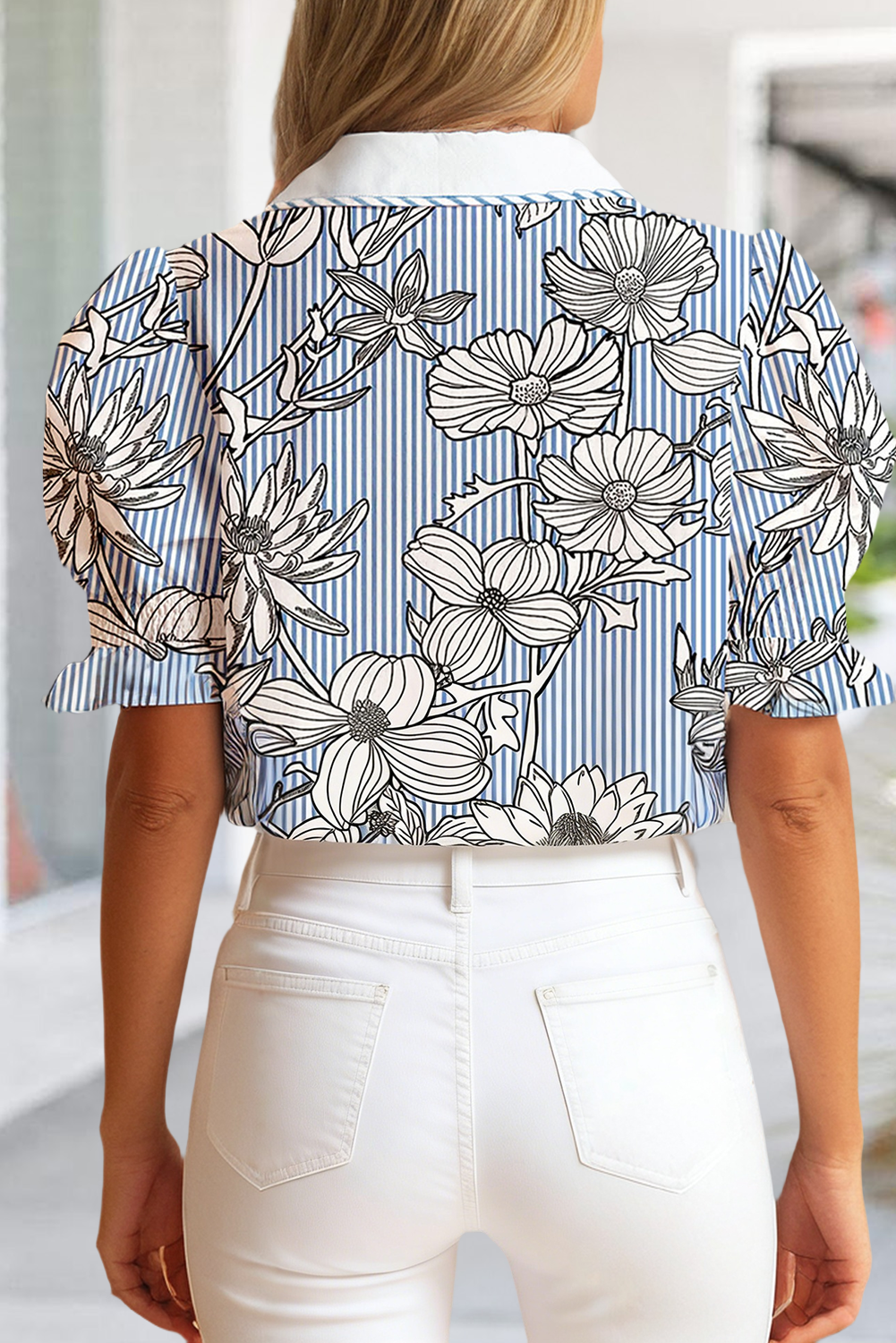 Floral Stripe Print Collar Short Sleeve Blouse