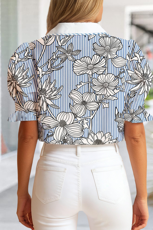 Floral Stripe Print Collar Short Sleeve Blouse