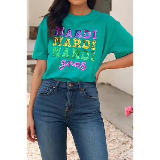 Mardi Gras Letter Sequin Graphic Tee- Sea Green
