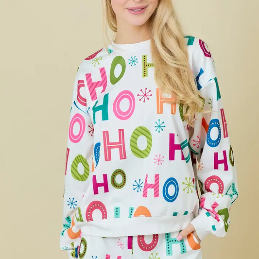 Holiday Printed Crewneck with Rhinestone- White