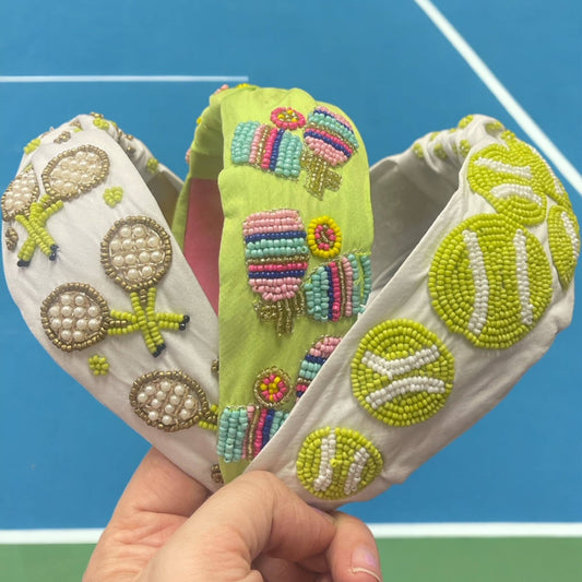 Tennis Rackets Seed Bead Headband- Creme
