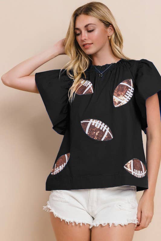 Football Sequin Patch Solid Poplin Blouse- Black