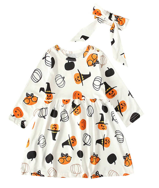 Witch Pumpkin Print White Dress & Headband