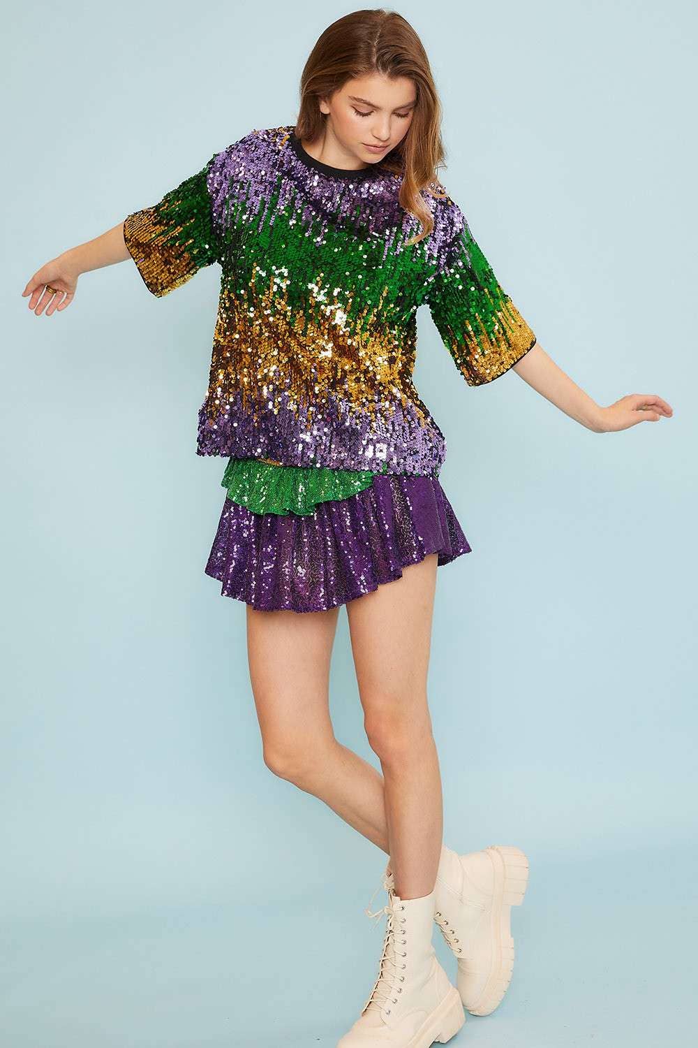 Mardi Gras Color Block Sequin Round Neck Top