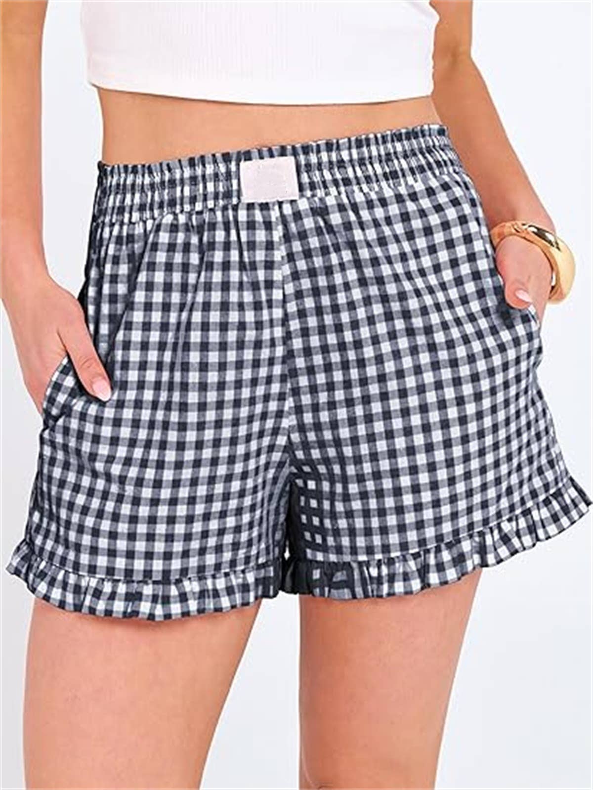 Red Check Print Ruffle Shorts
