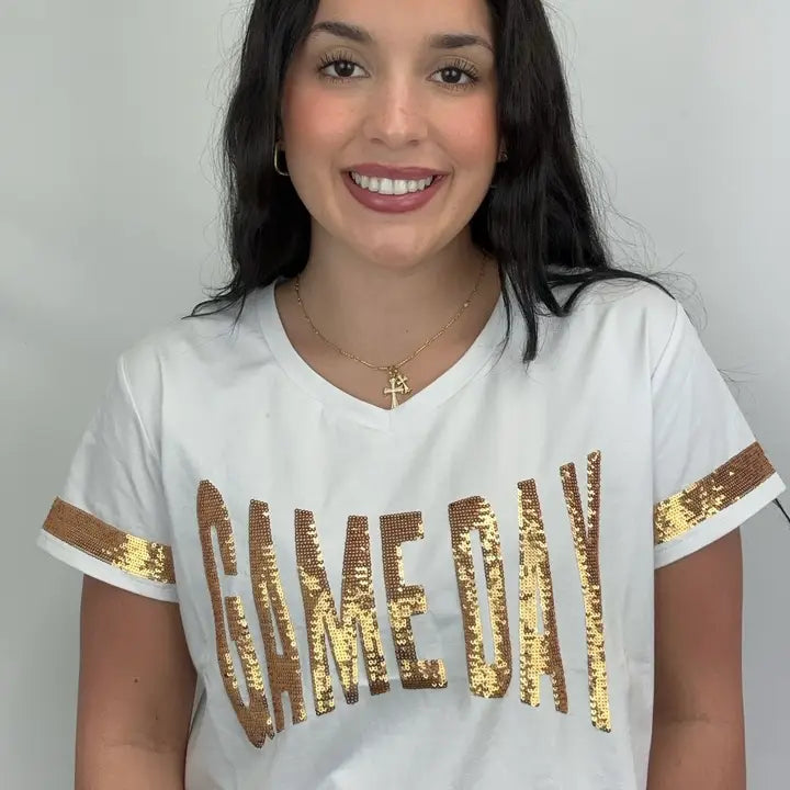 Gameday Sequin V-Neck Tee- White