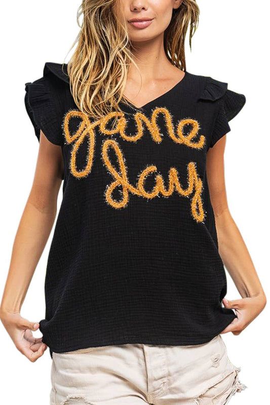 Game Day Metallic Letter Ruffled Wrinkle Gauze Top- Purple & Gold