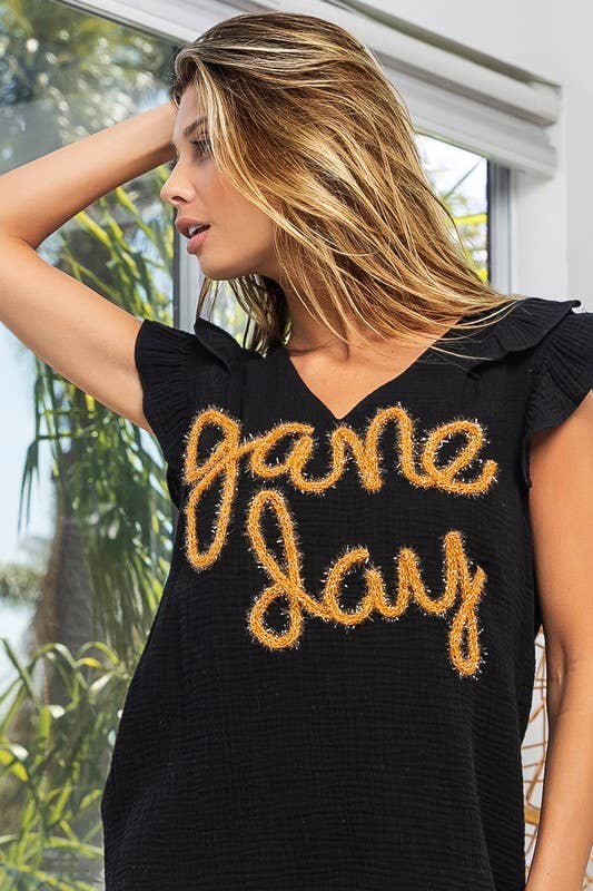 Game Day Metallic Letter Ruffled Wrinkle Gauze- Black & Gold