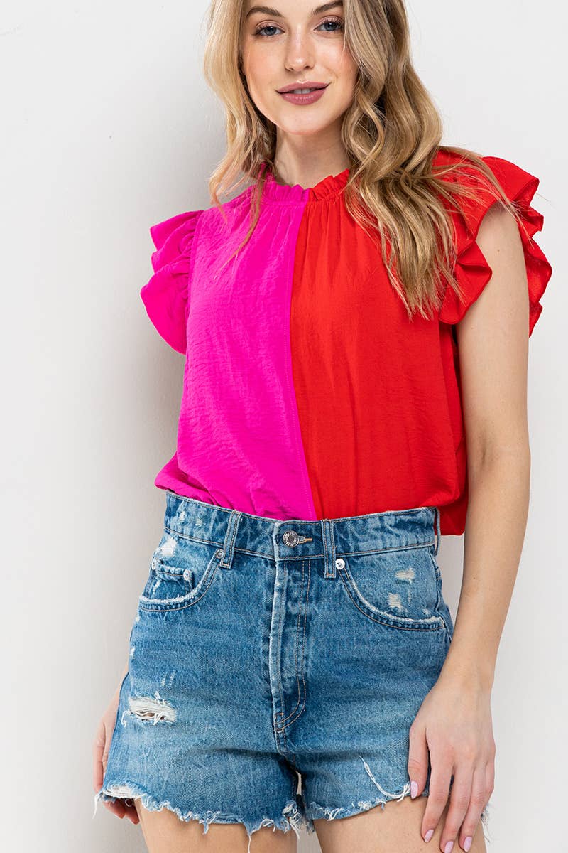 Game Day Ruffle Sleeveless Woven Blouse Top- Navy/ White