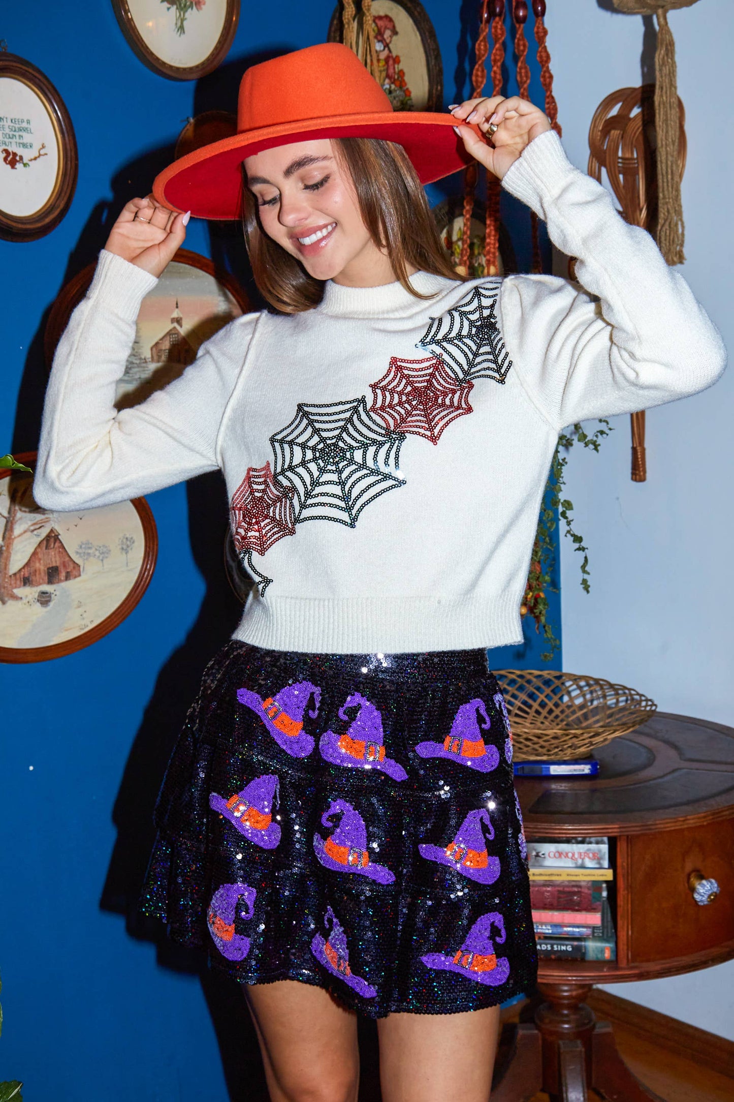 Spider Web Sequin Halloween Sweater- Ivory